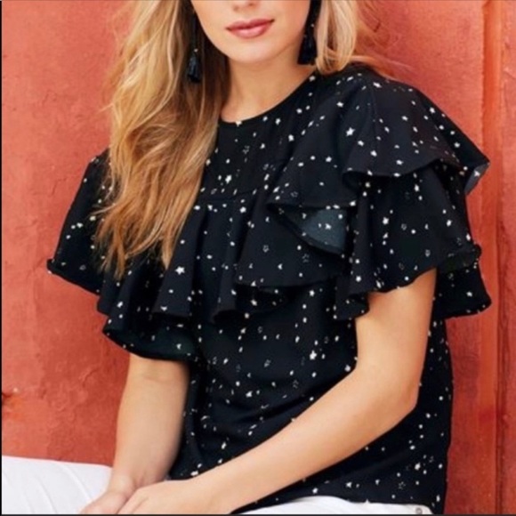 Mud Pie Tops - MUD PIE Stars Print Ruffle Blouse Top BLACK SMALL